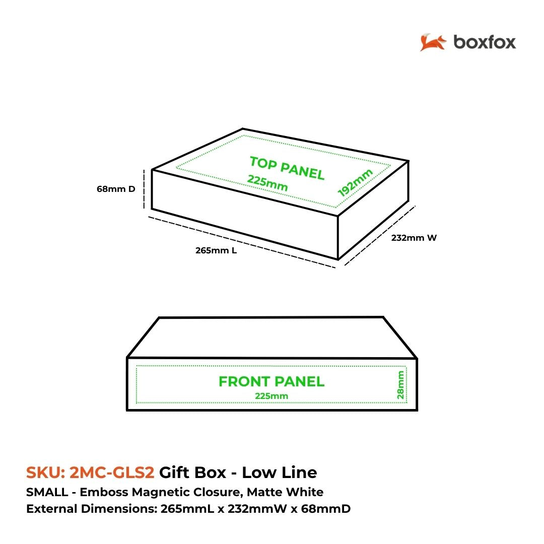 Gift Box, Low Line, Small Emboss Magnetic Closure 245x215x63mm, Matt White Custom Print